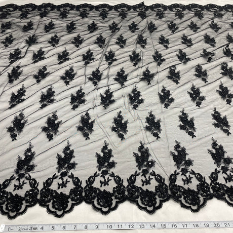 1 Yard - Beaded & Corded Lace Fabric Embroidered on 100% Polyester Net Mesh - Ivory - 53"