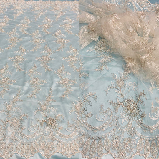 1 Yard Beaded and Corded Bridal Fabric Lace Embroidered on Polyester Net Mesh 51 inch Width