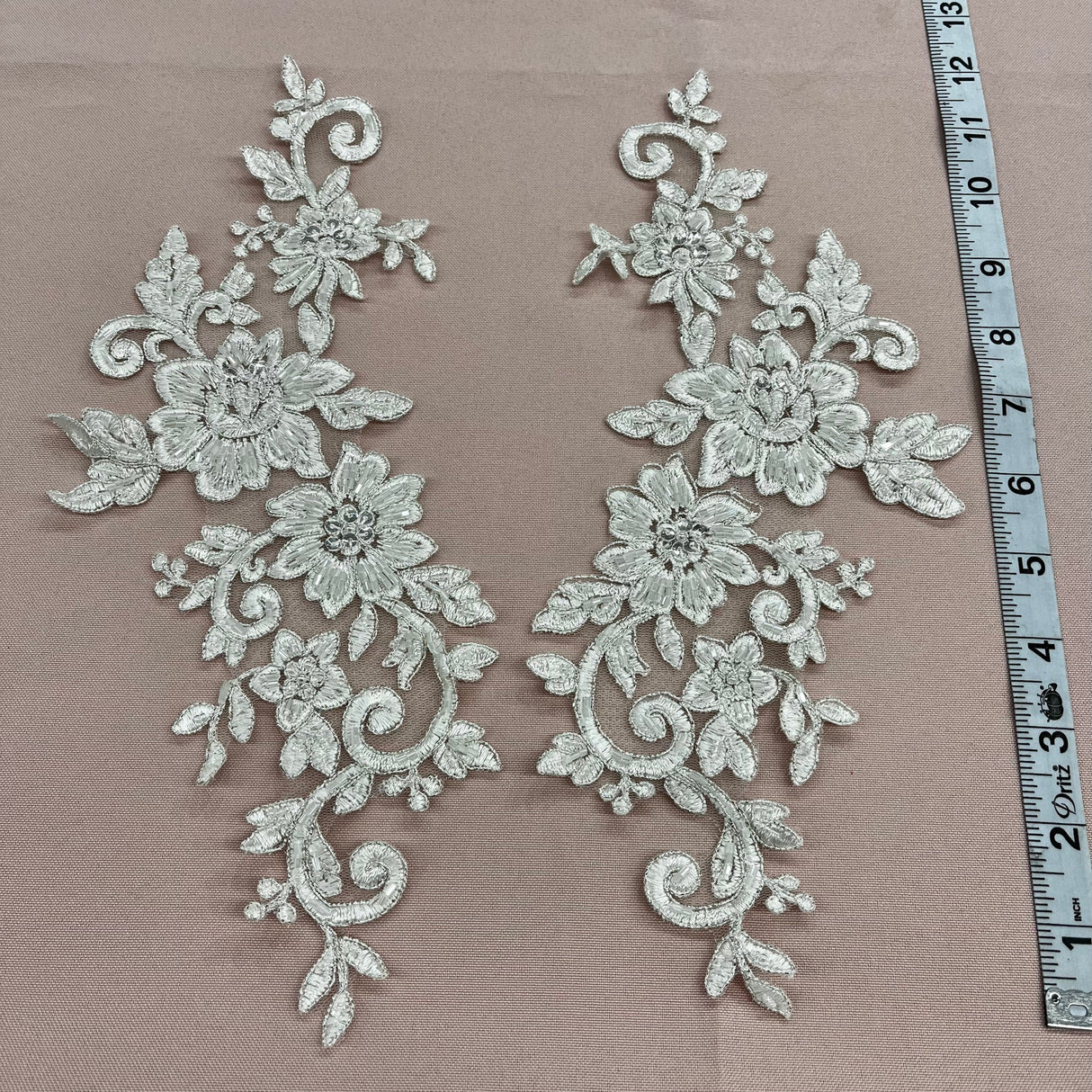 1 Pair Beaded & Corded Floral Lace Applique 100% Polyester Net Mesh 12.5" x 5"