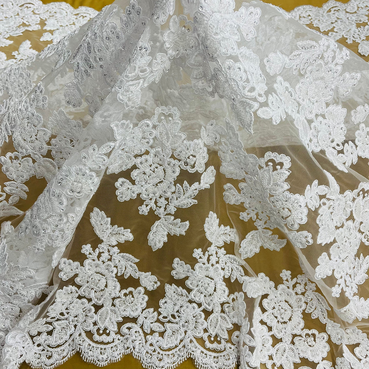 Beaded Corded Bridal Lace Polyester Fabric - Gold Metallic, Silver Metallic, White, Ivory, Rose Gold, Hunter Green, 51" Wide (1 Yard)