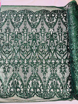 Heart Sequin Damask Polyester Fabric - Heart Damask, Iridescent Sequins, 54" Width (1 Yard)