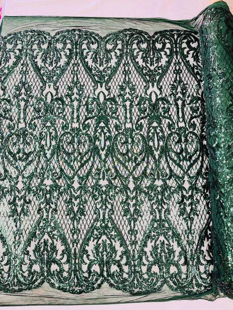 Heart Sequin Damask Polyester Fabric - Heart Damask, Iridescent Sequins, 54" Width (1 Yard)
