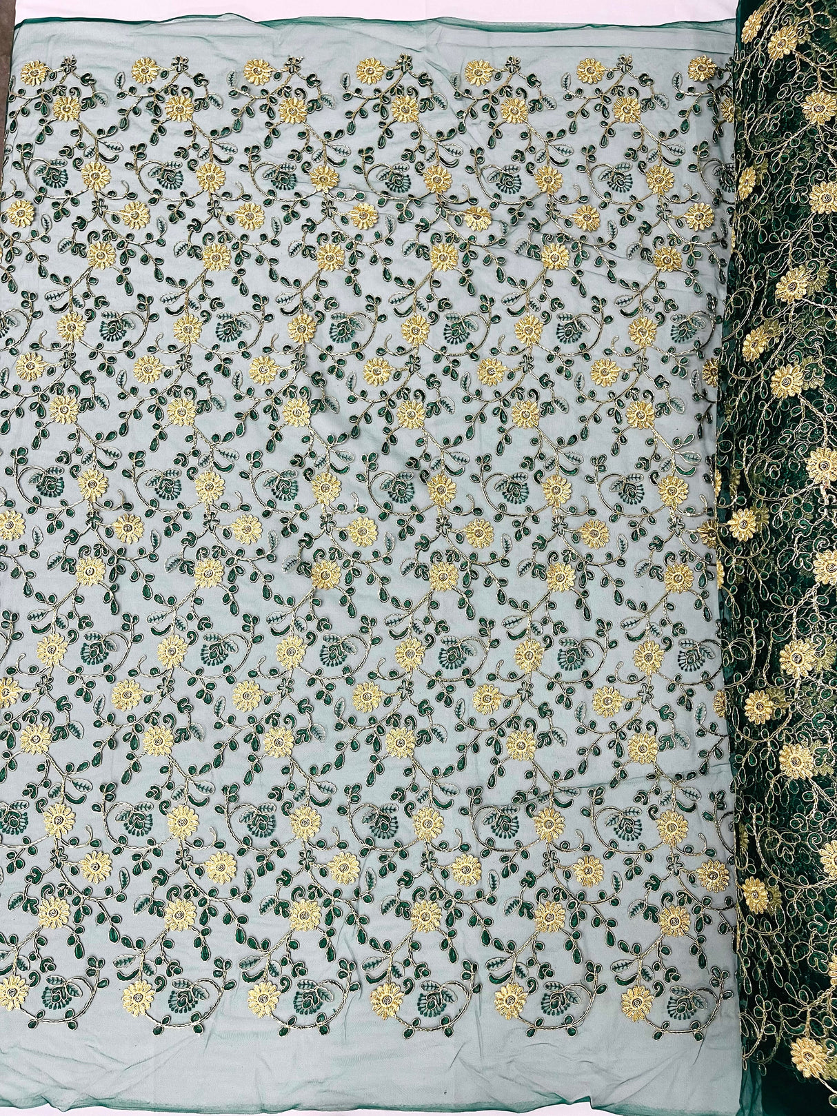 Daisy Multi Color Gold Metallic Floral Design Embroidered On A Red Mesh Lace Fabric - Red Mesh Lace, Gold Metallic Floral Design, 50" Width (1 Yard)