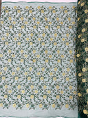 Daisy Multi Color Gold Metallic Floral Design Embroidered On A Red Mesh Lace Fabric - Red Mesh Lace, Gold Metallic Floral Design, 50" Width (1 Yard)
