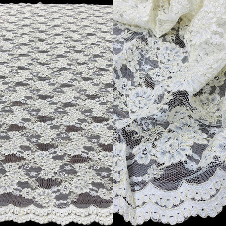 1 Yard Corded Bridal Lace Fabric Embroidered on Polyester Net Mesh 54 inch Width