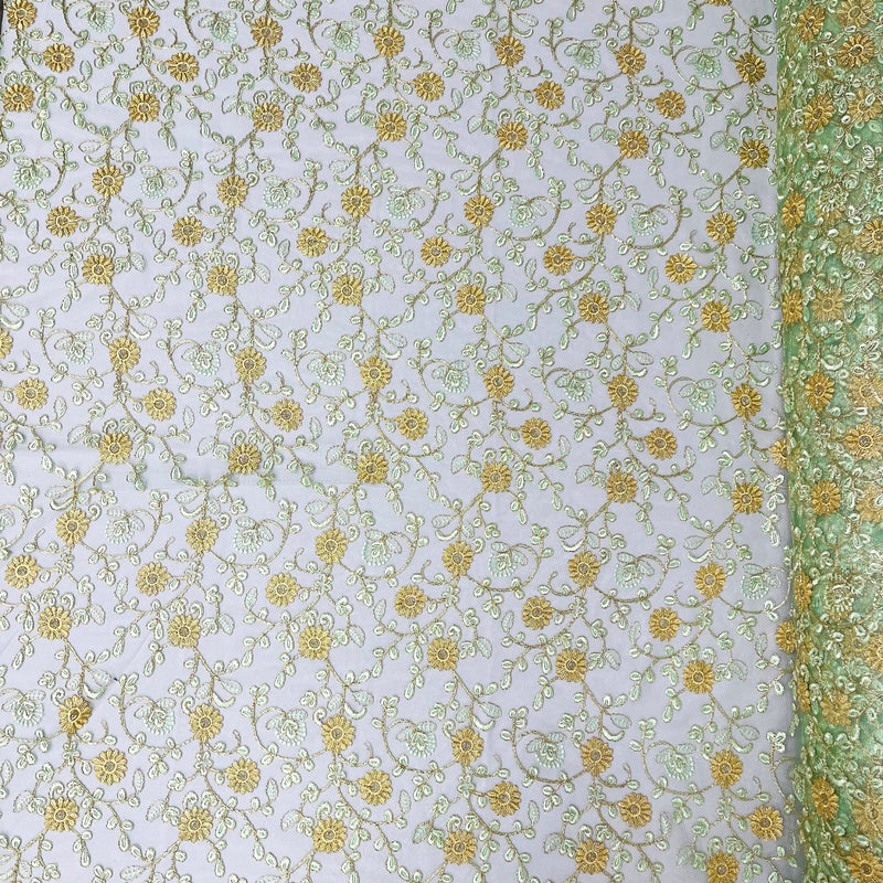 Daisy Multi Color Gold Metallic Floral Design Embroidered On A Red Mesh Lace Fabric - Red Mesh Lace, Gold Metallic Floral Design, 50" Width (1 Yard)