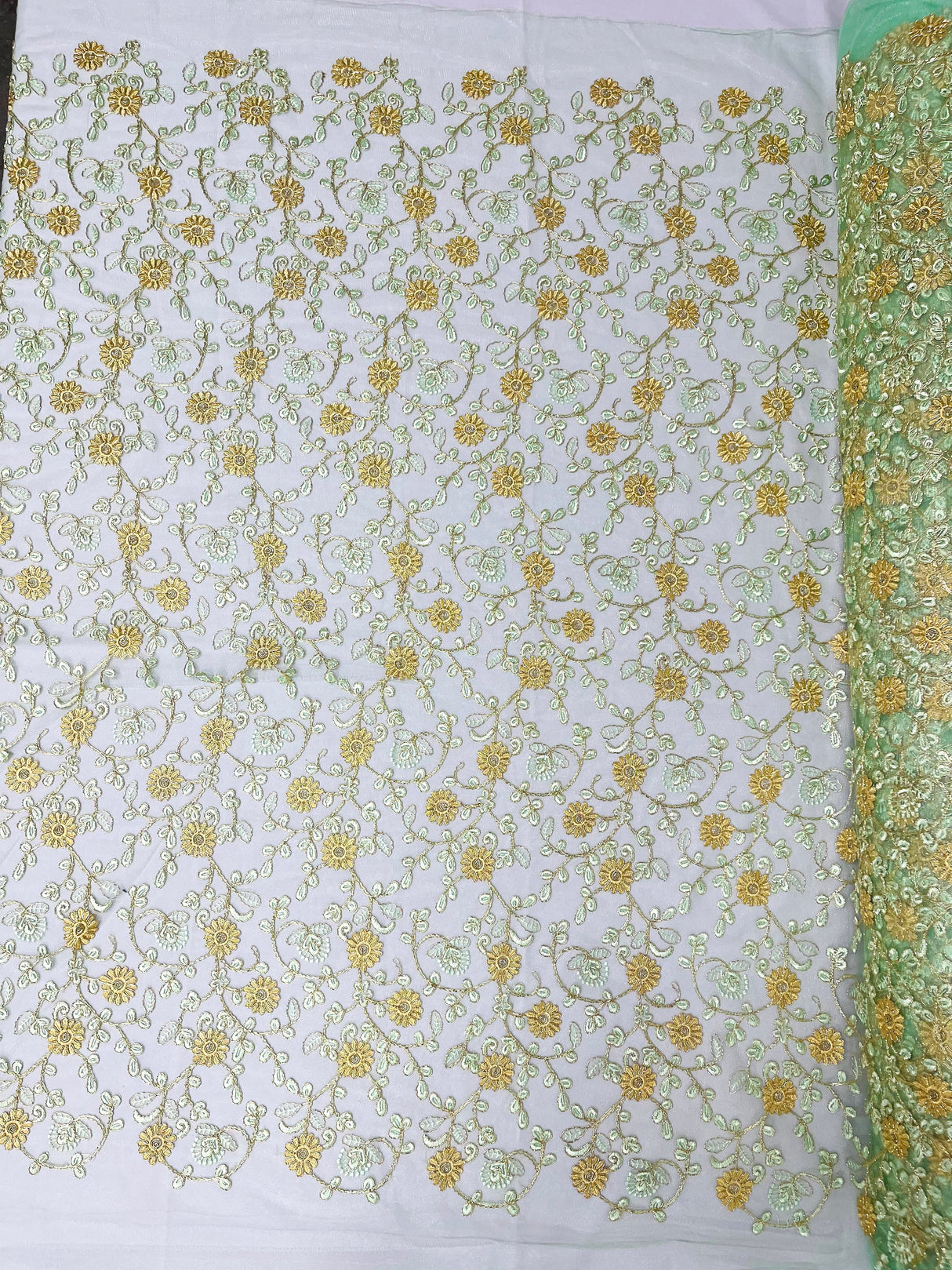 Daisy Multi Color Gold Metallic Floral Design Embroidered On A Red Mesh Lace Fabric - Red Mesh Lace, Gold Metallic Floral Design, 50" Width (1 Yard)