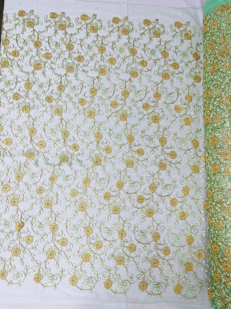 Daisy Multi Color Gold Metallic Floral Design Embroidered On A Red Mesh Lace Fabric - Red Mesh Lace, Gold Metallic Floral Design, 50" Width (1 Yard)