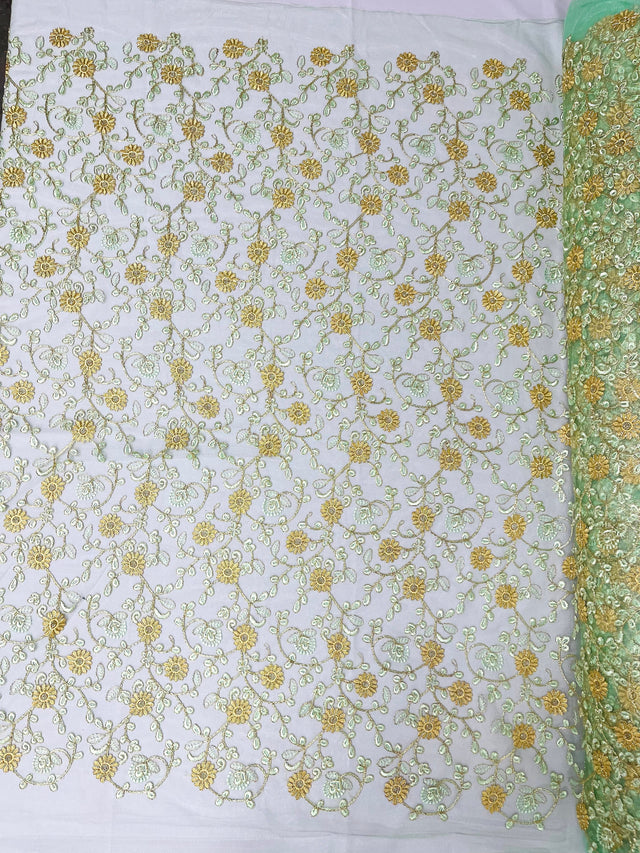 Daisy Multi Color Gold Metallic Floral Design Embroidered On A Red Mesh Lace Fabric - Red Mesh Lace, Gold Metallic Floral Design, 50" Width (1 Yard)