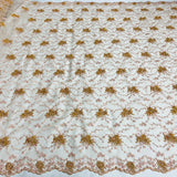 1 Yard Beaded Corded Bridal Lace Fabric Embroidered on 100 Percent Polyester Net Mesh Gold
