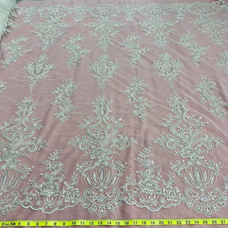 Beaded Lace Fabric Embroidered On 100 Percent Polyester Net Mesh - White, Ivory, Antique Silver, 53" Width (1 Yard)