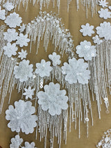 1 Yard Off White Beaded 3D Floral Lace Fabric Embroidered on Polyester Net Mesh 52 Inch Width