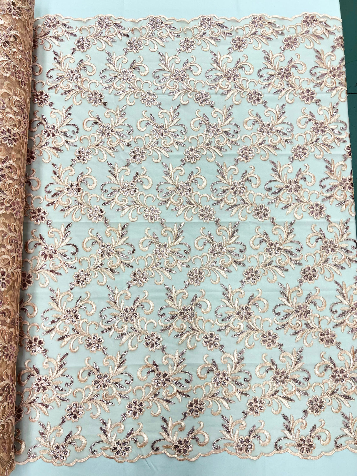 Estrella Corded Flowers Embroider With Sequins Mesh Lace Fabric - Floral Embroidered, Double Scallop, 50-54" Width, 36" Length (1 Yard)