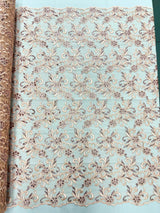 Estrella Corded Flowers Embroider With Sequins Mesh Lace Fabric - Floral Embroidered, Double Scallop, 50-54" Width, 36" Length (1 Yard)