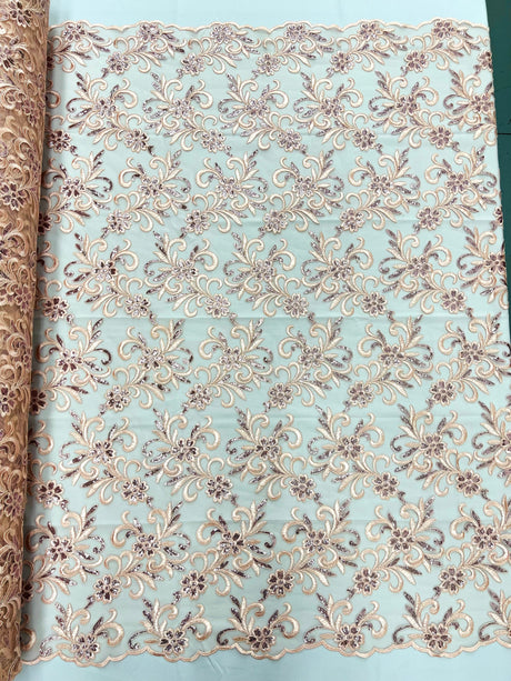 Estrella Corded Flowers Embroider With Sequins Mesh Lace Fabric - Floral Embroidered, Double Scallop, 50-54" Width, 36" Length (1 Yard)