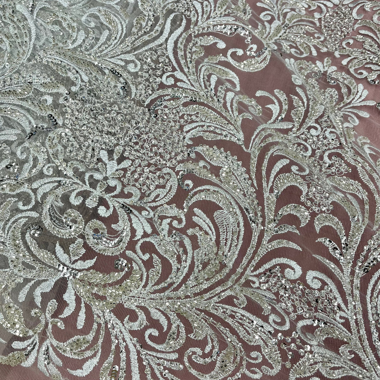 Beaded Lace Fabric on Polyester Net Mesh