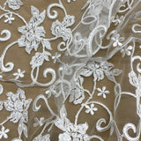 1 Yard Silver Beaded and Corded Bridal Fabric Lace Embroidered on Polyester Net Mesh for Wedding and Evening Gowns – 54"