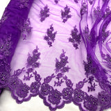 1 Yard - Beaded & Corded Lace Fabric Embroidered on 100% Polyester Net Mesh - Ivory - 53"