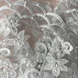 1 Yard Silver Beaded and Corded Bridal Fabric Lace Embroidered on Polyester Net Mesh for Wedding and Evening Gowns – 54"