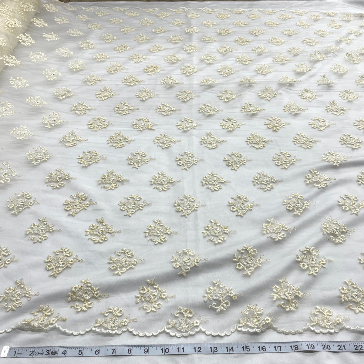 1 Yard Elegant Beaded Lace Fabric with Embroidery on 100% Polyester Mesh, Style 42093W-BP