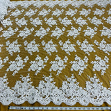 1 Yard Ivory with Silver Beaded and Corded Bridal Lace Fabric on Polyester Net Mesh 51 Inch Width