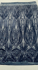 Feather Damask Shiny Sequin Design 4 Way Stretch Mesh Fabric - Iridescent Sequin Embroidered Mesh, 48-50" Width, 36" Length (1 Yard)