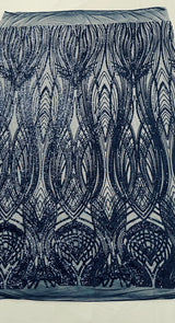 Feather Damask Shiny Sequin Design 4 Way Stretch Mesh Fabric - Iridescent Sequin Embroidered Mesh, 48-50" Width, 36" Length (1 Yard)