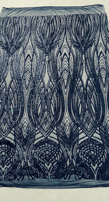 Feather Damask Shiny Sequin Design 4 Way Stretch Mesh Fabric - Iridescent Sequin Embroidered Mesh, 48-50" Width, 36" Length (1 Yard)