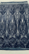 Feather Damask Shiny Sequin Design 4 Way Stretch Mesh Fabric - Iridescent Sequin Embroidered Mesh, 48-50" Width, 36" Length (1 Yard)