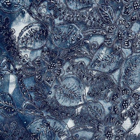 1 Yard 50" Wide Beaded & Corded Lace Fabric Embroidered on 100% Polyester Net Mesh