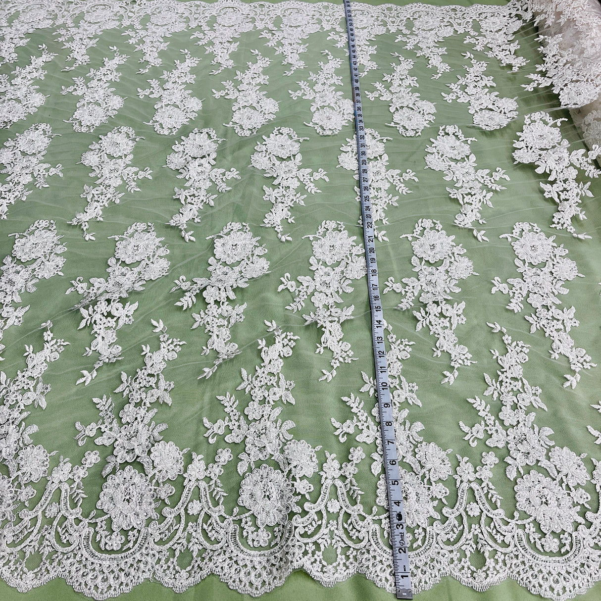 Beaded Corded Bridal Lace Ivory Mesh