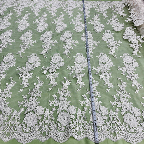 Beaded Corded Bridal Lace Ivory Mesh