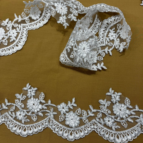 Corded Lace Trimming Embroidered On 100 Percent Polyester Net Mesh Fabric - Gold, Hunter Green, Ivory With Gold, Ivory With Silver, Lt. Ivory, Red, Silver, White With Gold, White With Silver, White, Wine, 3.75" Width (1 Yard)