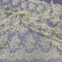Beaded & Corded Bridal Lace Fabric - Embroidered On 100 Percent Polyester Net Mesh, 54" Width, Gold, Ivory With Silver, Ivory, Silver, White (1 Yard)