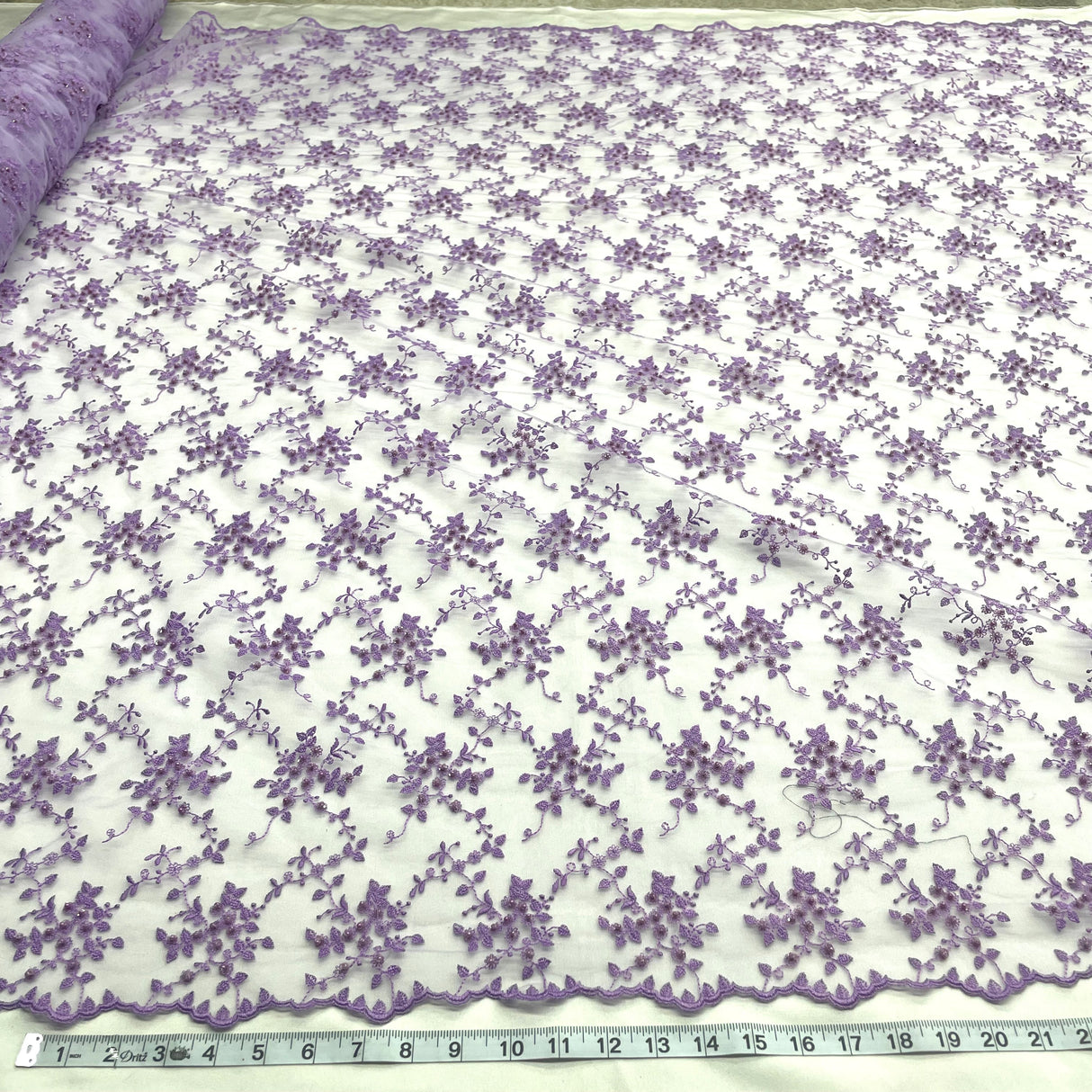 Beaded Lace Fabric Embroidered On 100 Percent Polyester Net Mesh - Fuchsia, Lime Green, Lilac, Silver, Mustard, 53" Width (1 Yard)