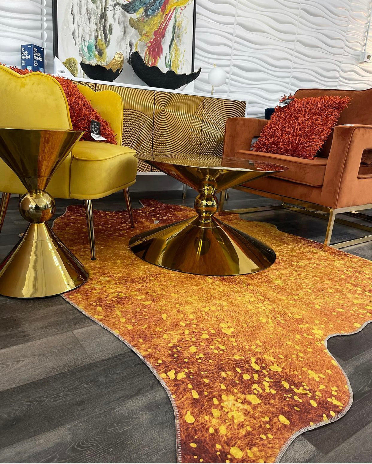Vegan Metallic Shinny Glow Faux Hide Cowhide Area Rug Carpet - Polyester Fabric - Metallic Yellow, Patchwork Print, 5' X 7' (1 Piece)