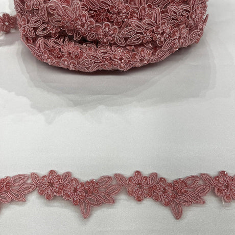 Beaded & Corded Lace Trimming Embroidered On 100% Polyester Net Fabric - 1.5" Width, Multiple Colors (1 Yard)