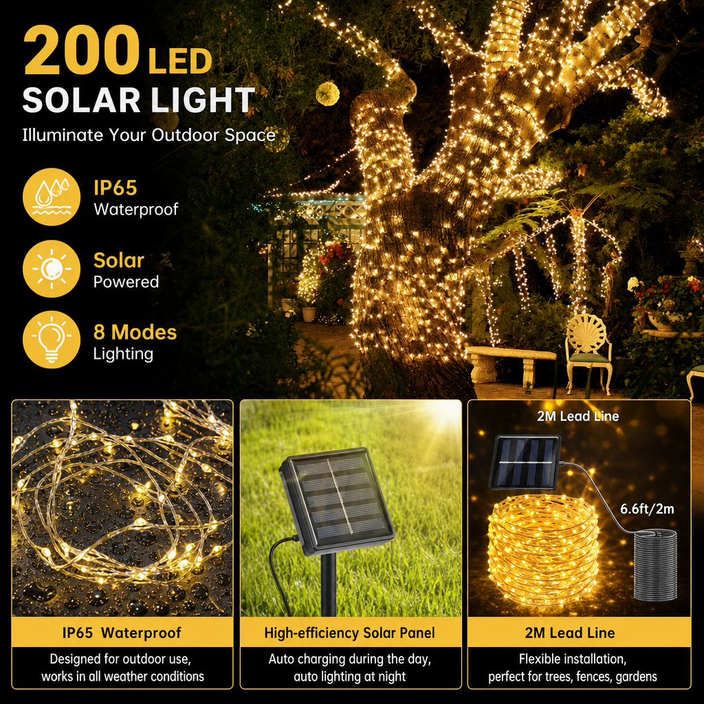 200 LED Solar String Lights Black Wire Outdoor Holiday Lighting