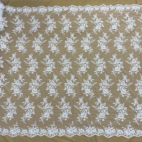 1 Yard Corded Bridal Lace Fabric Embroidered on 100% Polyester Net Mesh – 53"