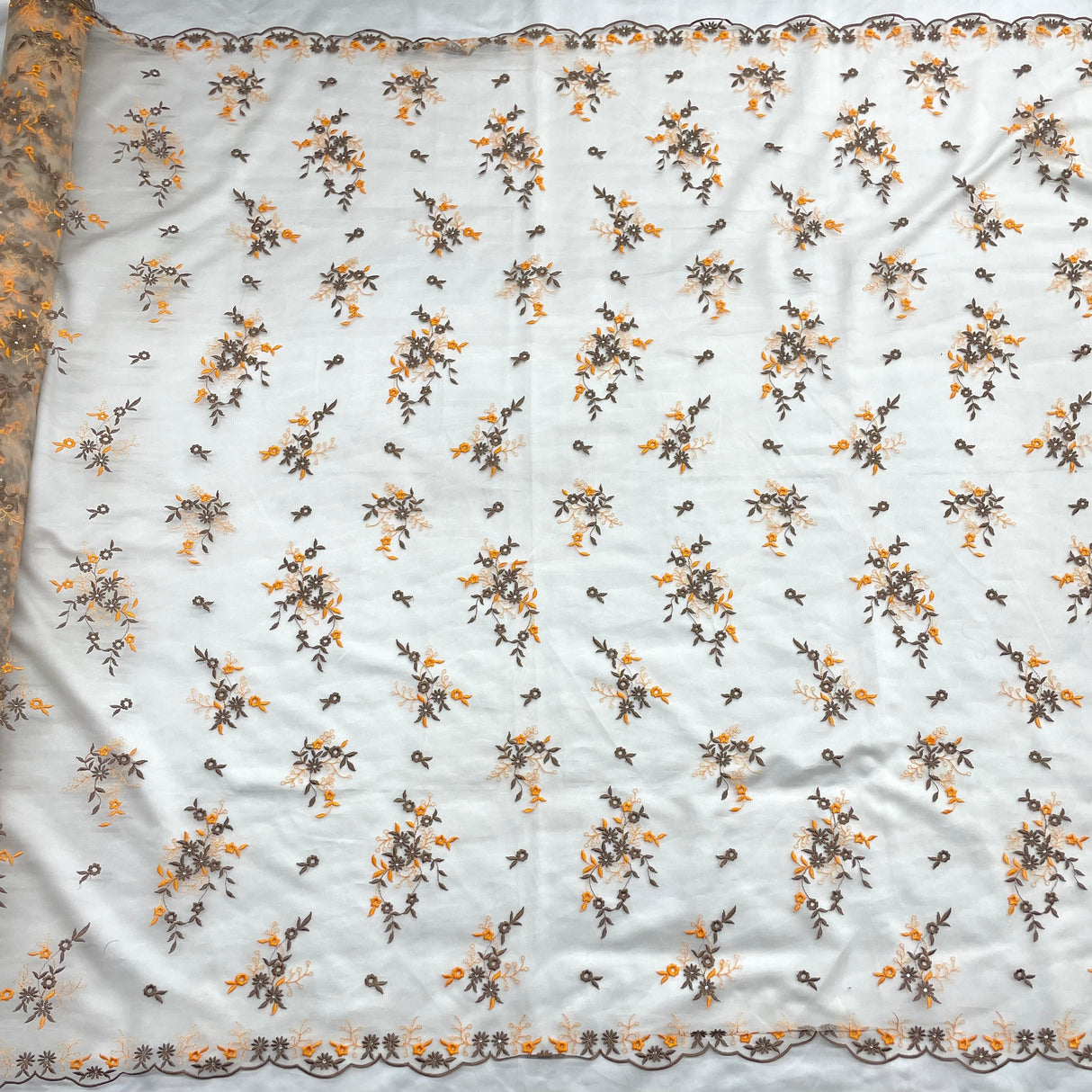 Beaded Lace Fabric Embroidered On 100 Percent Polyester Net Mesh - Yellow, Lilac, Brown/Orange, 54" Width (1 Yard)
