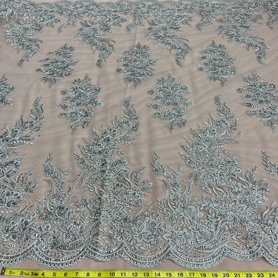 1 Yard Elegant Beaded and Corded Bridal Lace Fabric Embroidered on 100% Polyester Net Mesh White