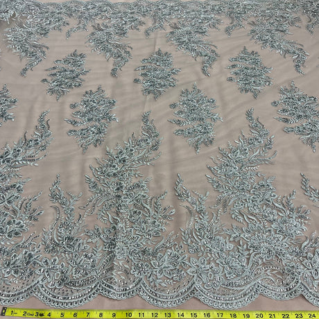 1 Yard Elegant Beaded and Corded Bridal Lace Fabric Embroidered on 100% Polyester Net Mesh White