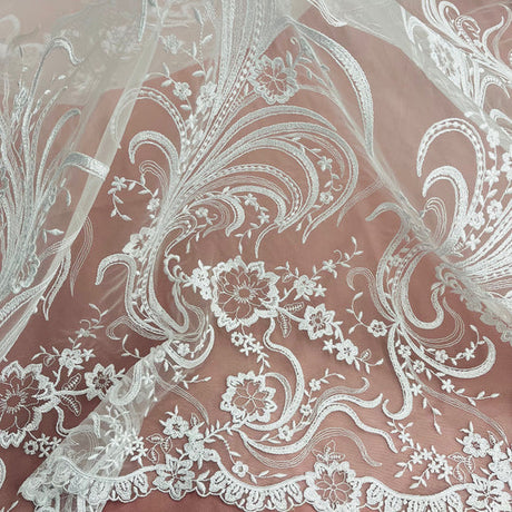 1 Yard Corded Bridal Lace Fabric Embroidered on Polyester Net Mesh 54 inch Width