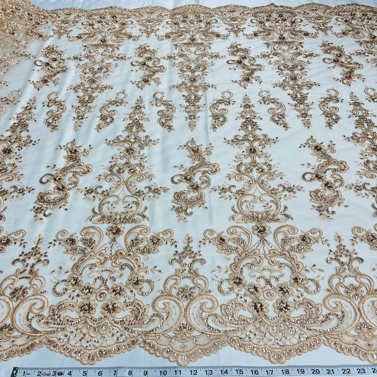Ethereal Elegance Beaded Corded Bridal Embroidered Lace Polyester Fabric - White, Gold, Ivory, Silver, Rose Gold, 54" Width (1 Yard)