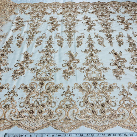 Ethereal Elegance Beaded Corded Bridal Embroidered Lace Polyester Fabric - White, Gold, Ivory, Silver, Rose Gold, 54" Width (1 Yard)