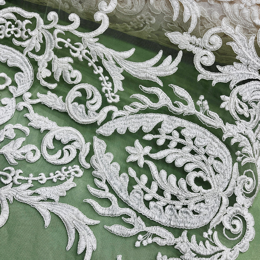 1 Yard Elegant Corded Bridal Lace Fabric Embroidered on 100% Polyester Net Mesh White