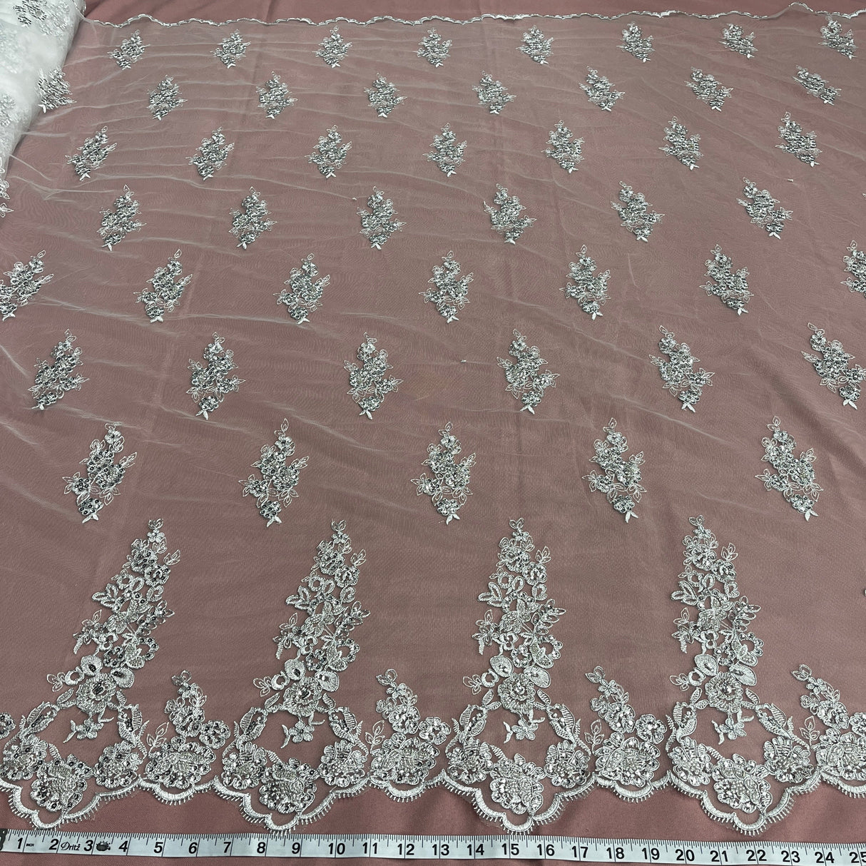 Beaded Corded Floral Lace White Mesh