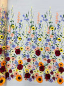 Multi Color Sun Flower 3D Design Embroidered Mesh Lace Fabric - Multi Color Sun Flower, Double Scallop, 48/50" Width (1 Yard)