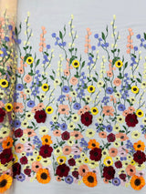 Multi Color Sun Flower 3D Design Embroidered Mesh Lace Fabric - Multi Color Sun Flower, Double Scallop, 48/50" Width (1 Yard)
