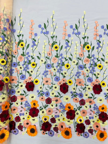 Multi Color Sun Flower 3D Design Embroidered Mesh Lace Fabric - Multi Color Sun Flower, Double Scallop, 48/50" Width (1 Yard)